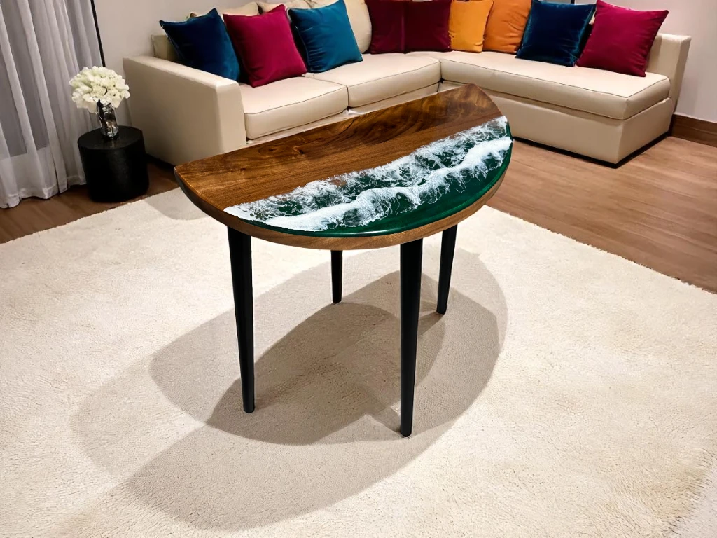 Half Moon Epoxy Table with Ocean Design – Made to Order 